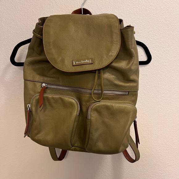 Vera Bradley Handbags - Vera Bradley Leather Drawstring Cinch Backpack Olive Green Floral Lining